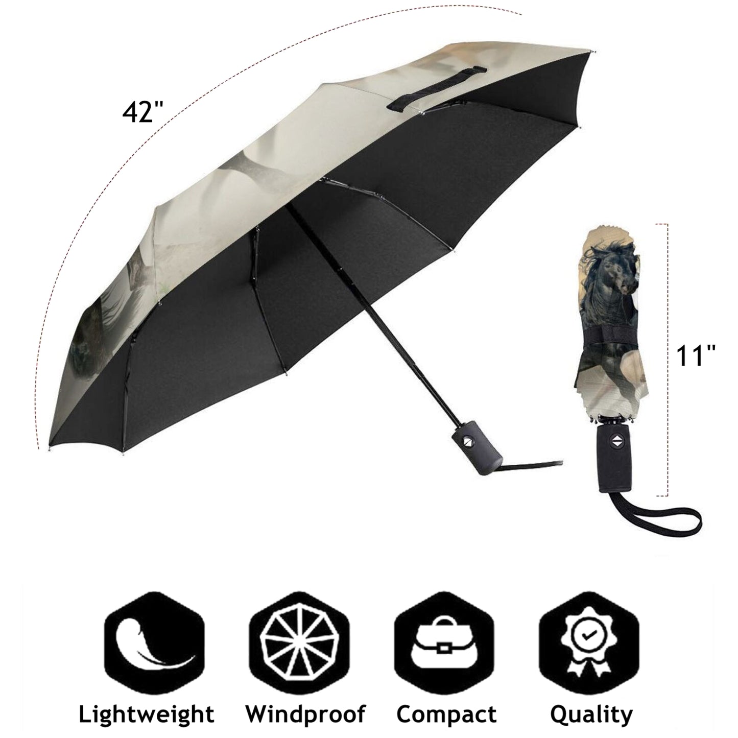 Horse Small Fold Up Umbrella Automatic Open And Automatic Close
