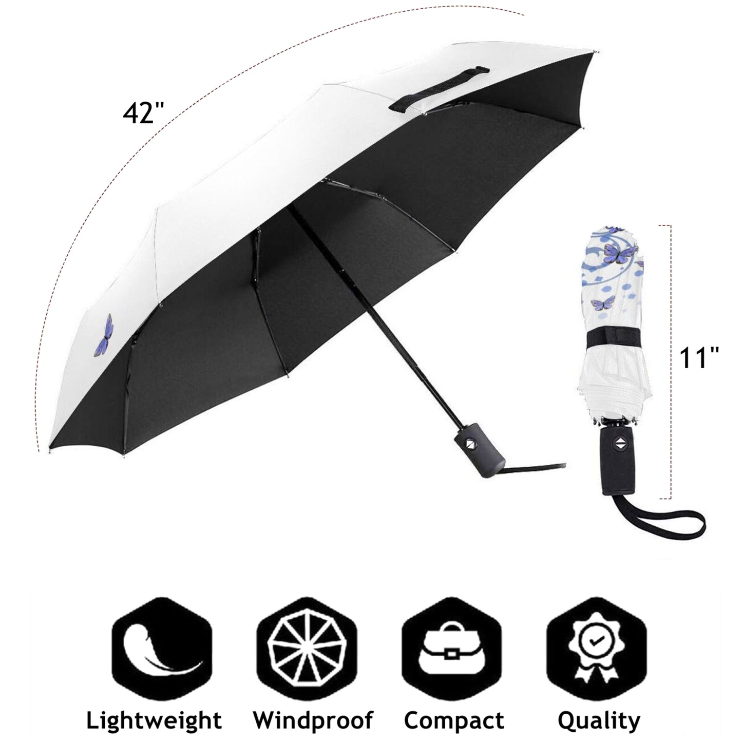 Blue Butterfly Compact Travel Umbrella Automatic Open And Close