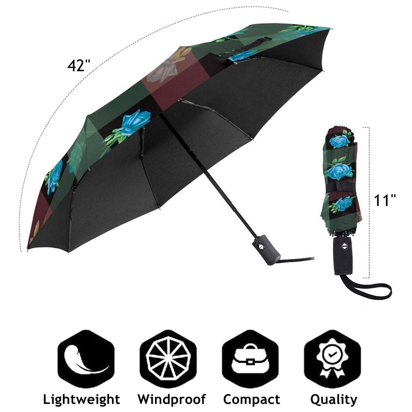 Rose And Plaid Three Fold Umbrella Automatic Open Close