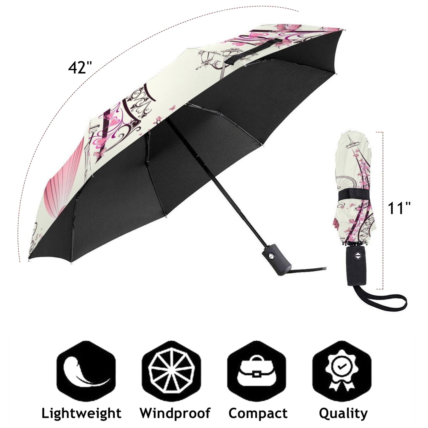Paris Pink Foldable Compact Umbrella Automatic Open And Automatic Close