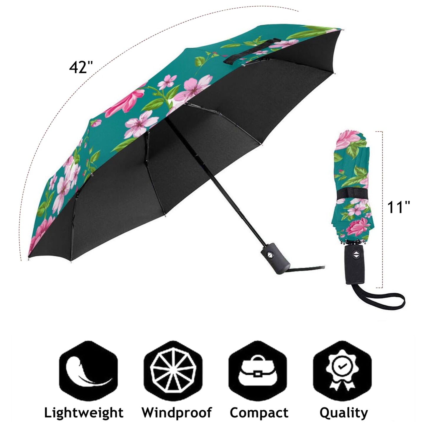Pink Floral Compact Travel Umbrella Automatic Open And Close