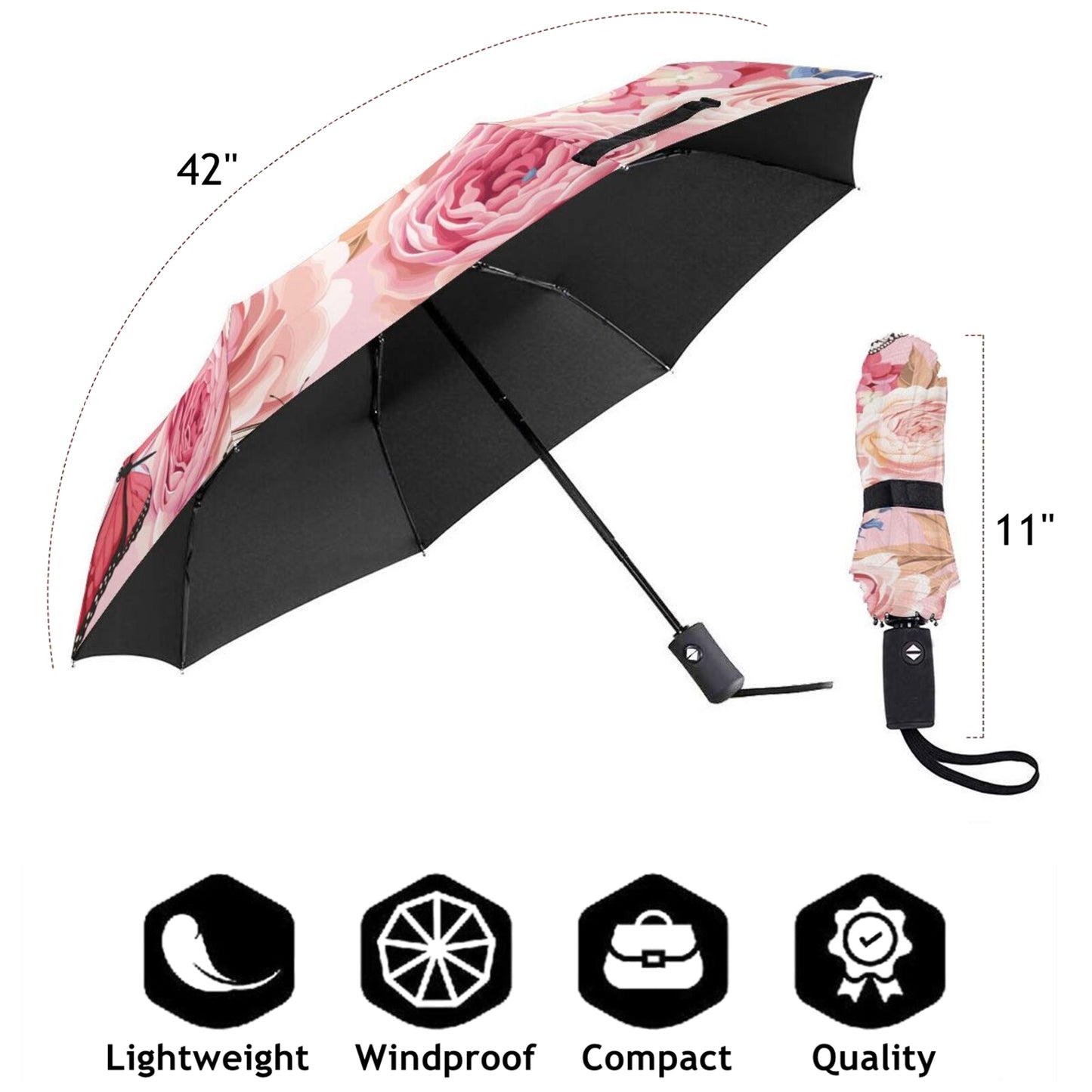 Pink Flower Automatic Compact UV Umbrella For Women