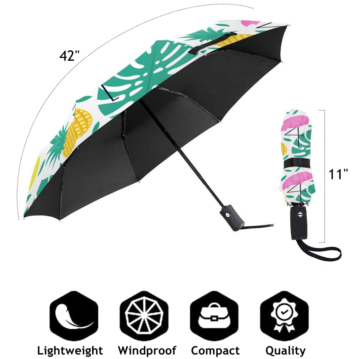 Pineapple And Flamingo Automatic Fold Up Umbrella