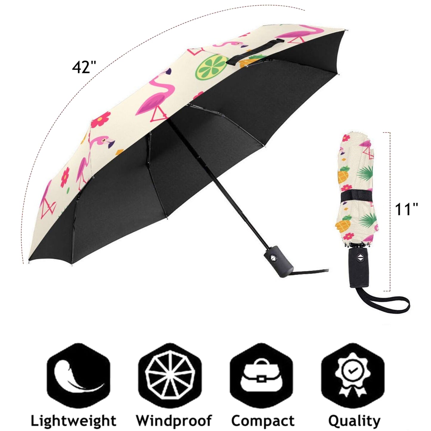Purple Flamingo Automatic Compact Umbrella With UV Protection