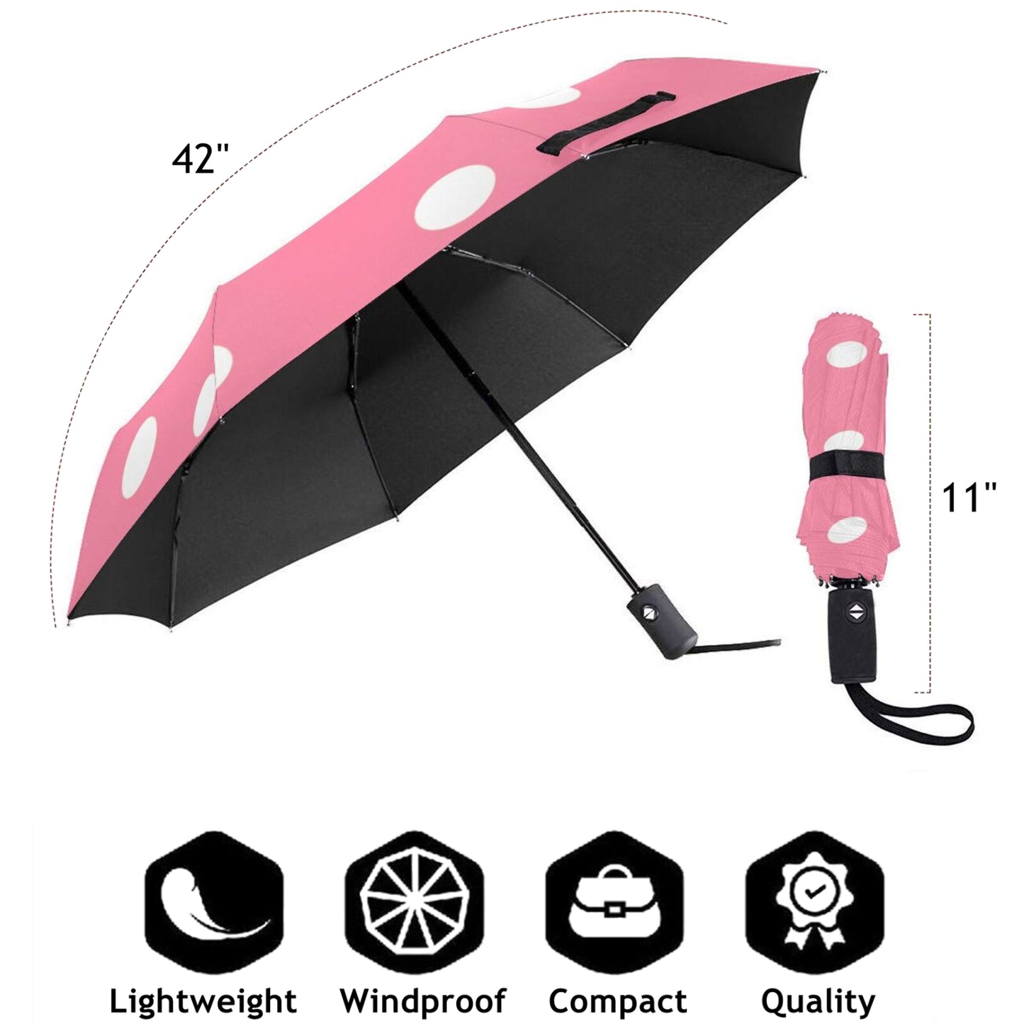 Pink Polka Dots Automatic Open and Close Travel Umbrella