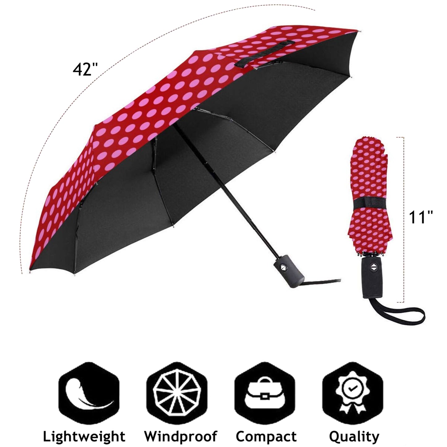 Pink Polka Dot Automatic Compact Umbrella With UV Blocking