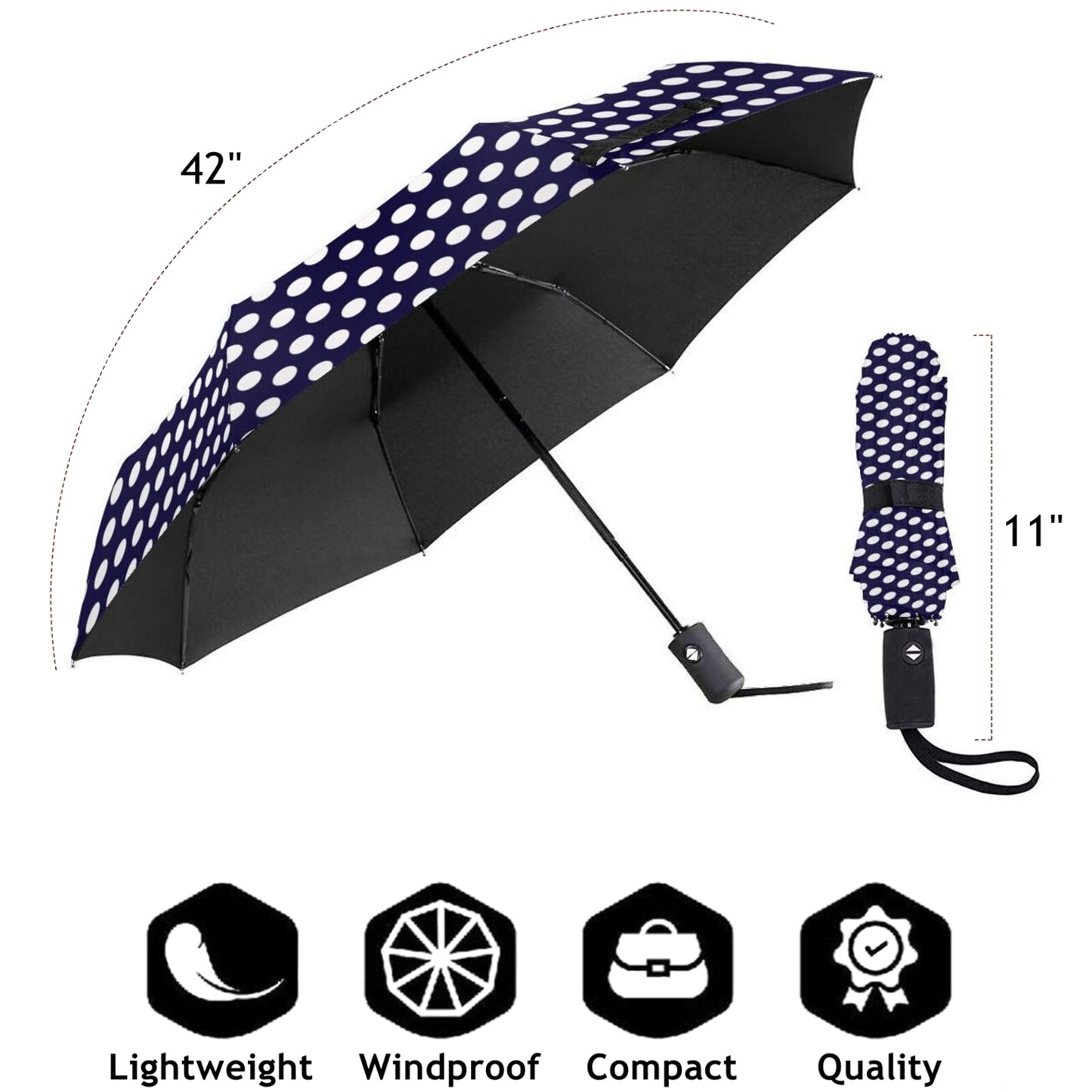 Navy Blue With White Polka Dots Automatic Compact Umbrella With UV Blocking
