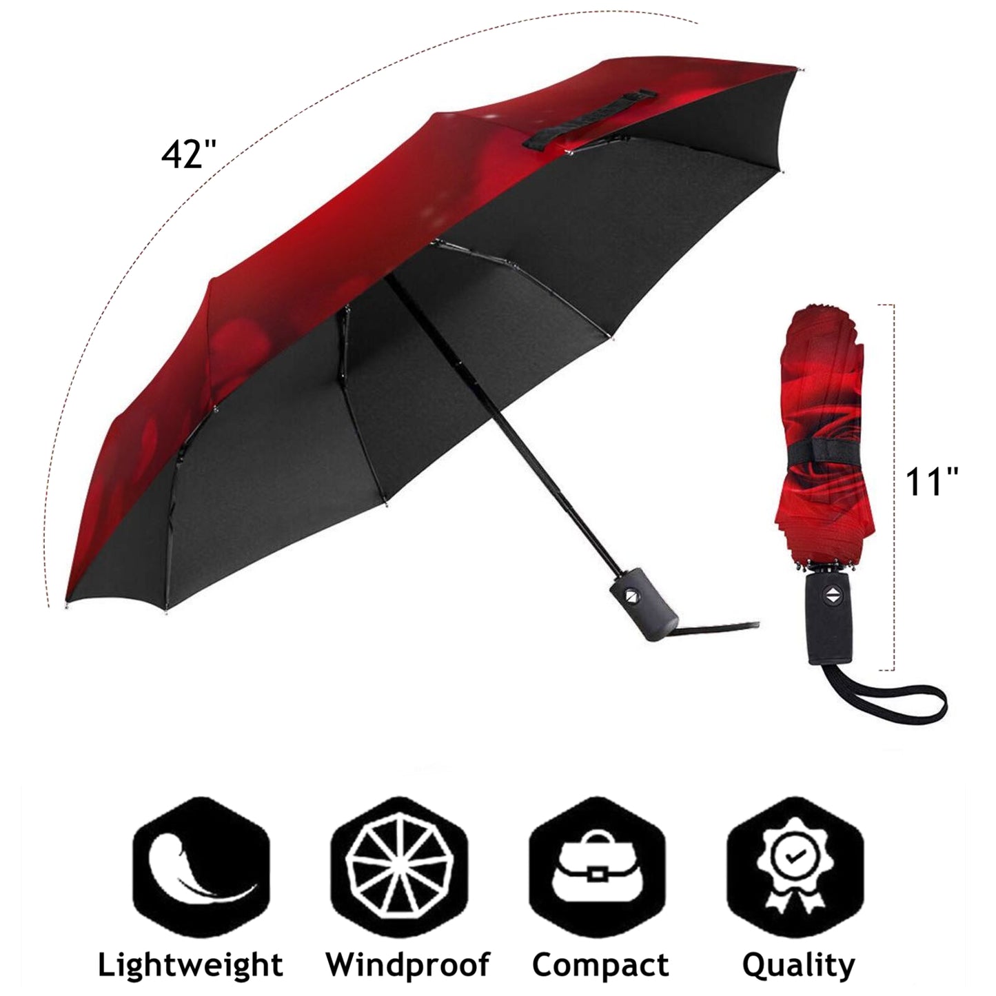 Red Rose Design Compact Automatic Umbrella With UV Blocking