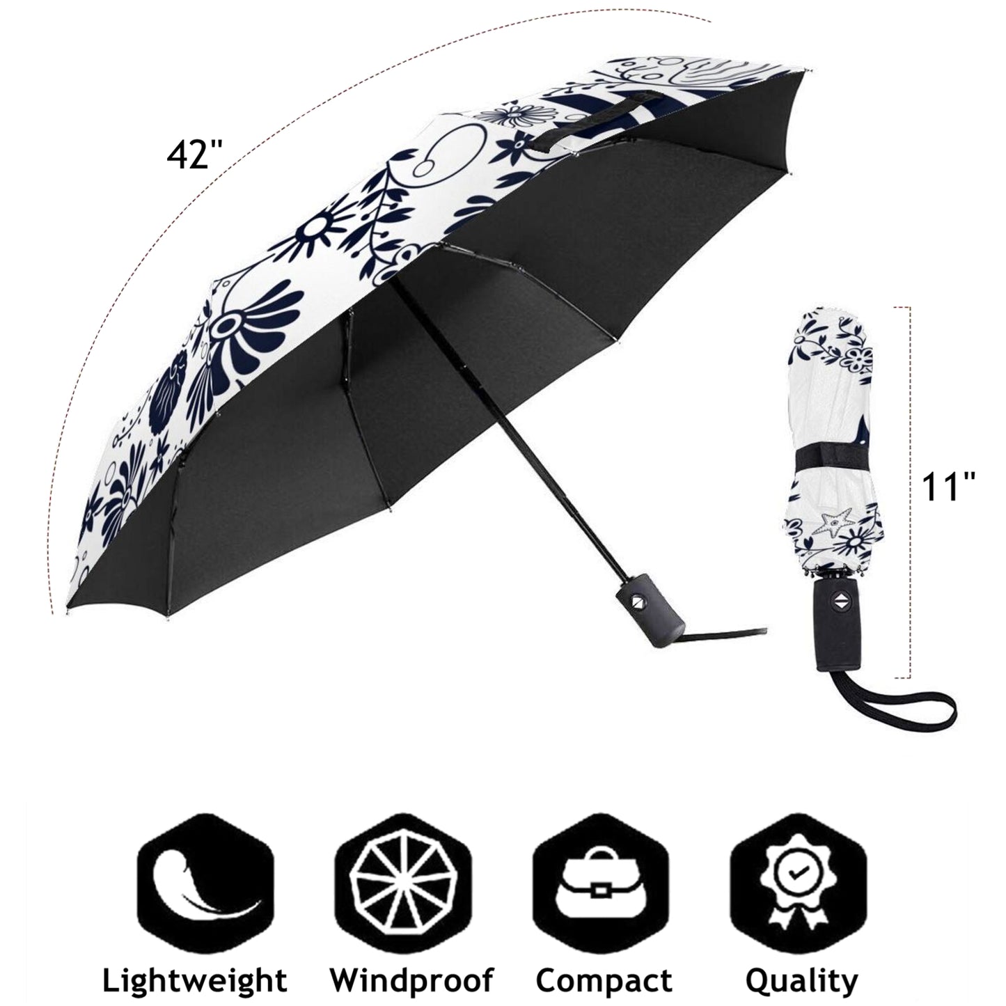 Seaweed And Fish Fold Up Umbrella Automatic Open Close