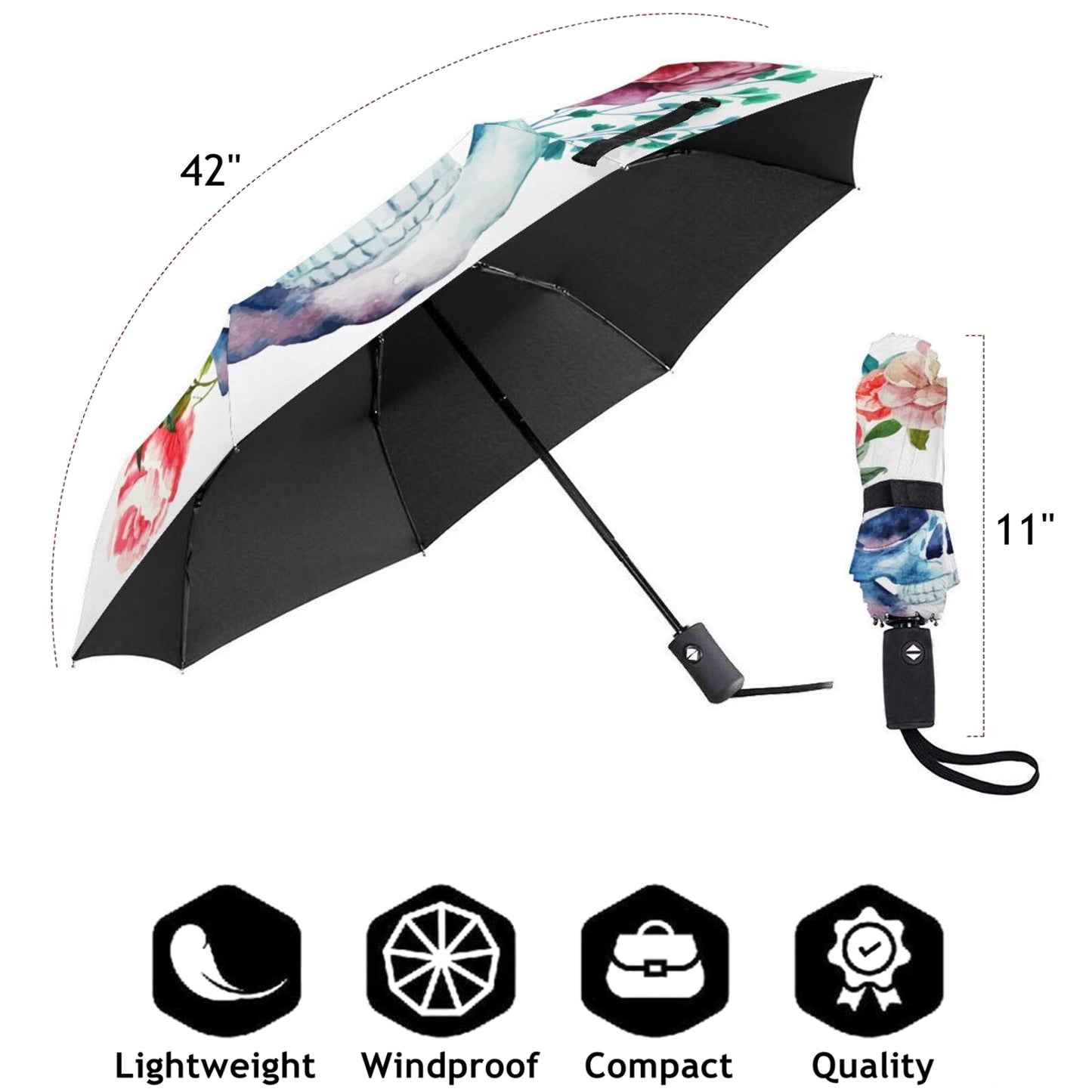 Skull With Flowers UV Folding Umbrella Automatic Open And Close