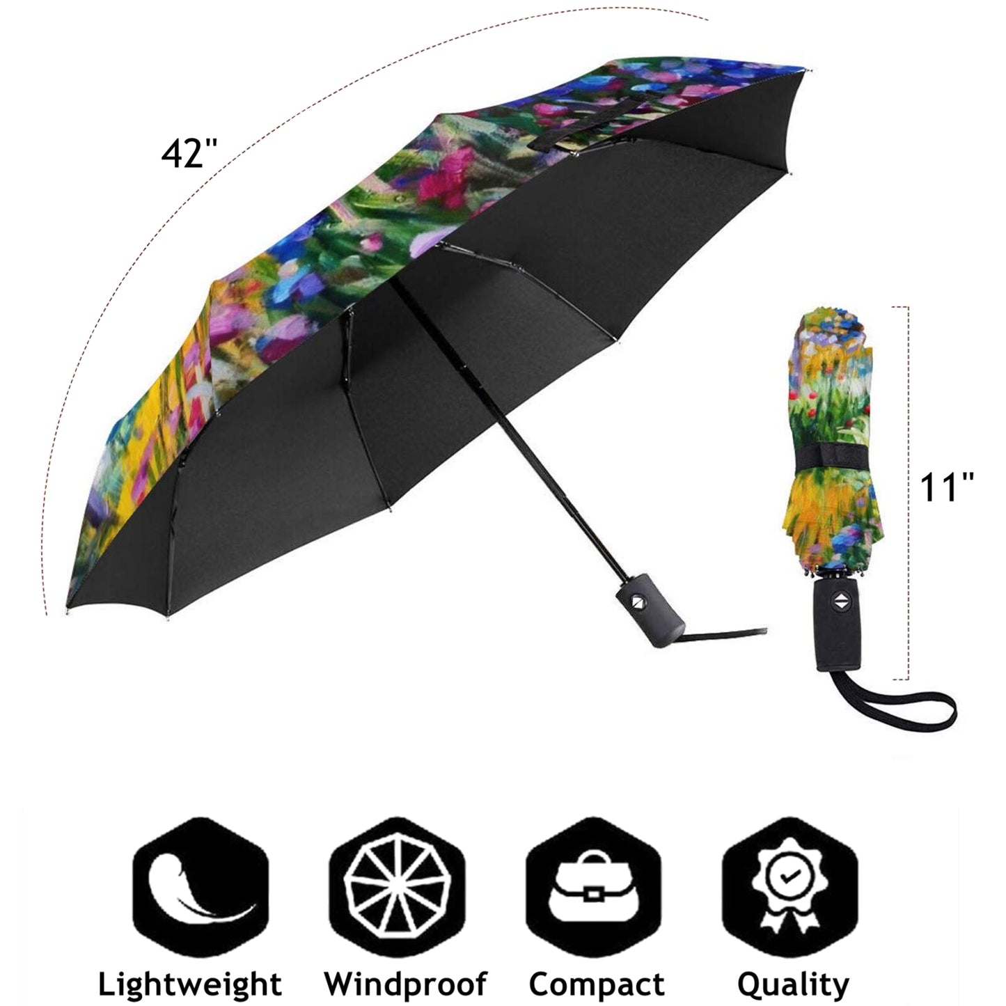 Monet Oil Painting Floral Folding UV Umbrella Automatic Open And Close