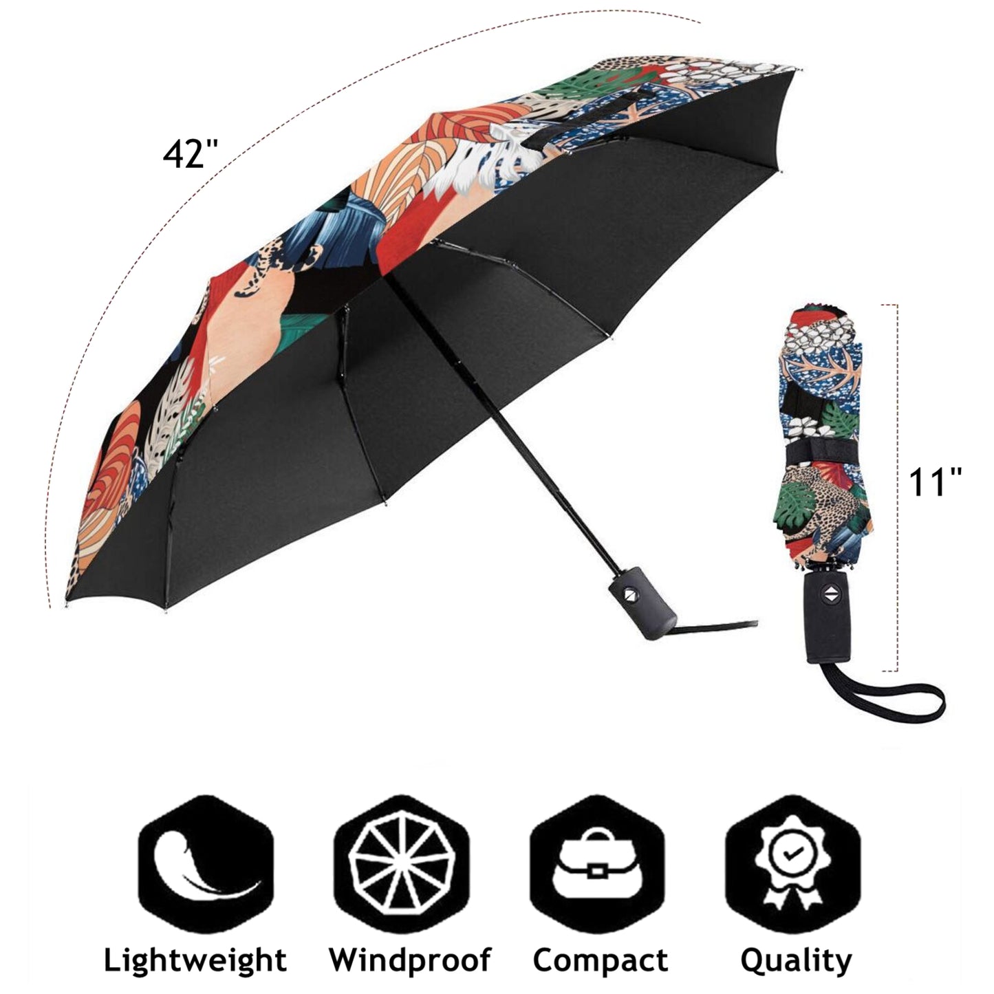 Leaves And Leopard Design UV Foldable Umbrella Automatic
