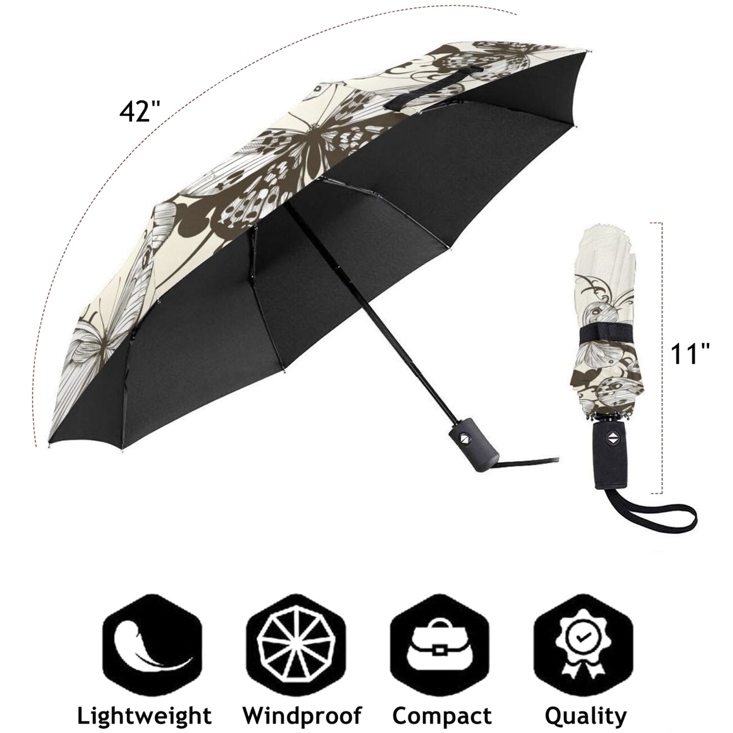 Black And White Butterfly Foldable Travel Umbrella Automatic Open And Close