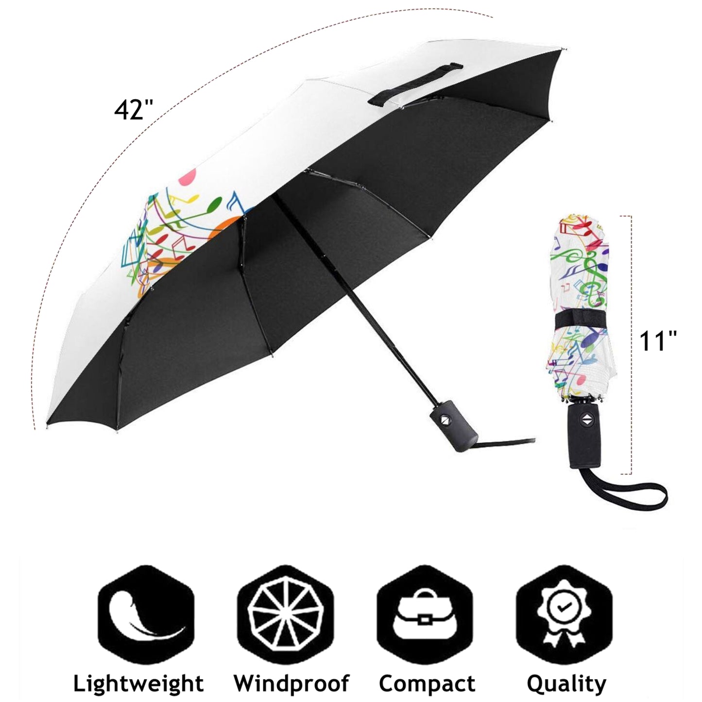 White Automatic Open Close Compact Umbrella With Music Note