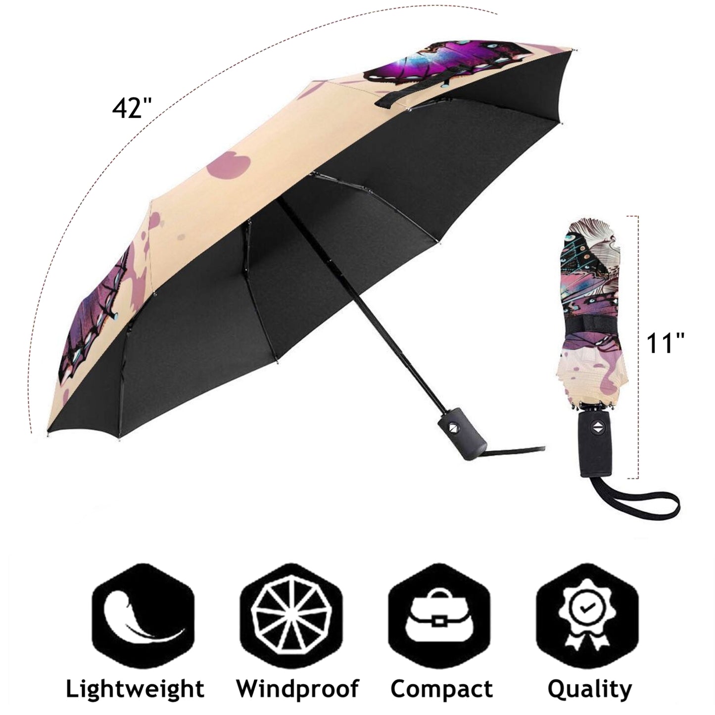 Automatic Open Close Compact Travel Umbrella Butterfly Design