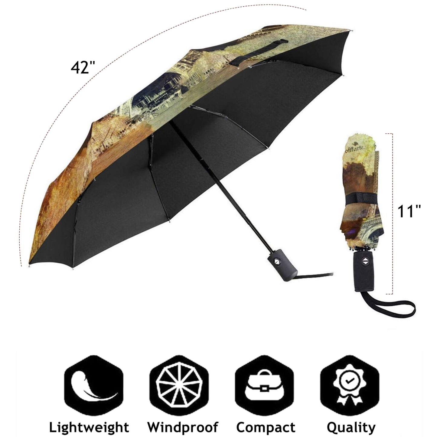 Eiffel Tower Oil Painting Compact Umbrella Automatic Open And Close