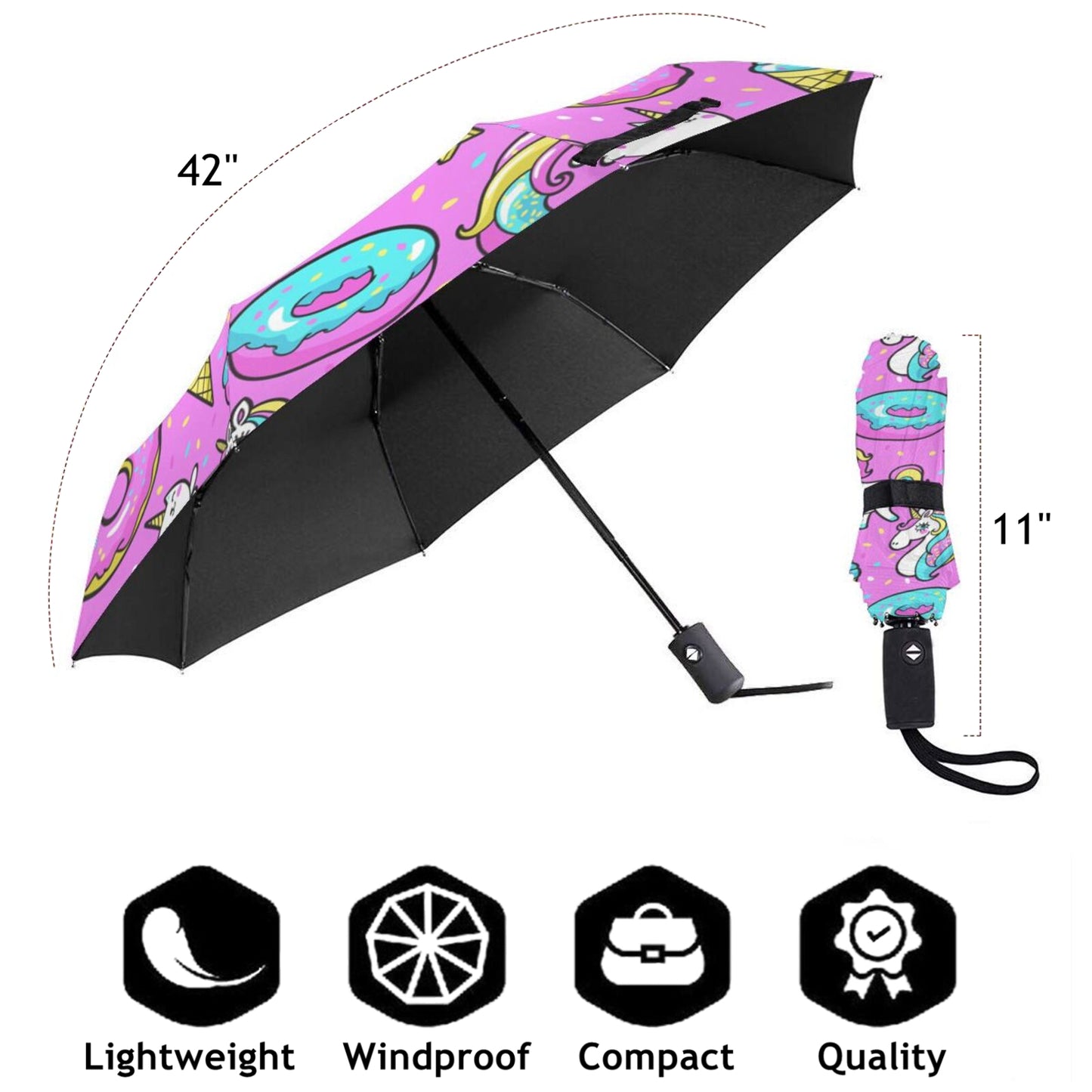 Cute Unicorn Design Automatic Compact Umbrella With UPF 50+