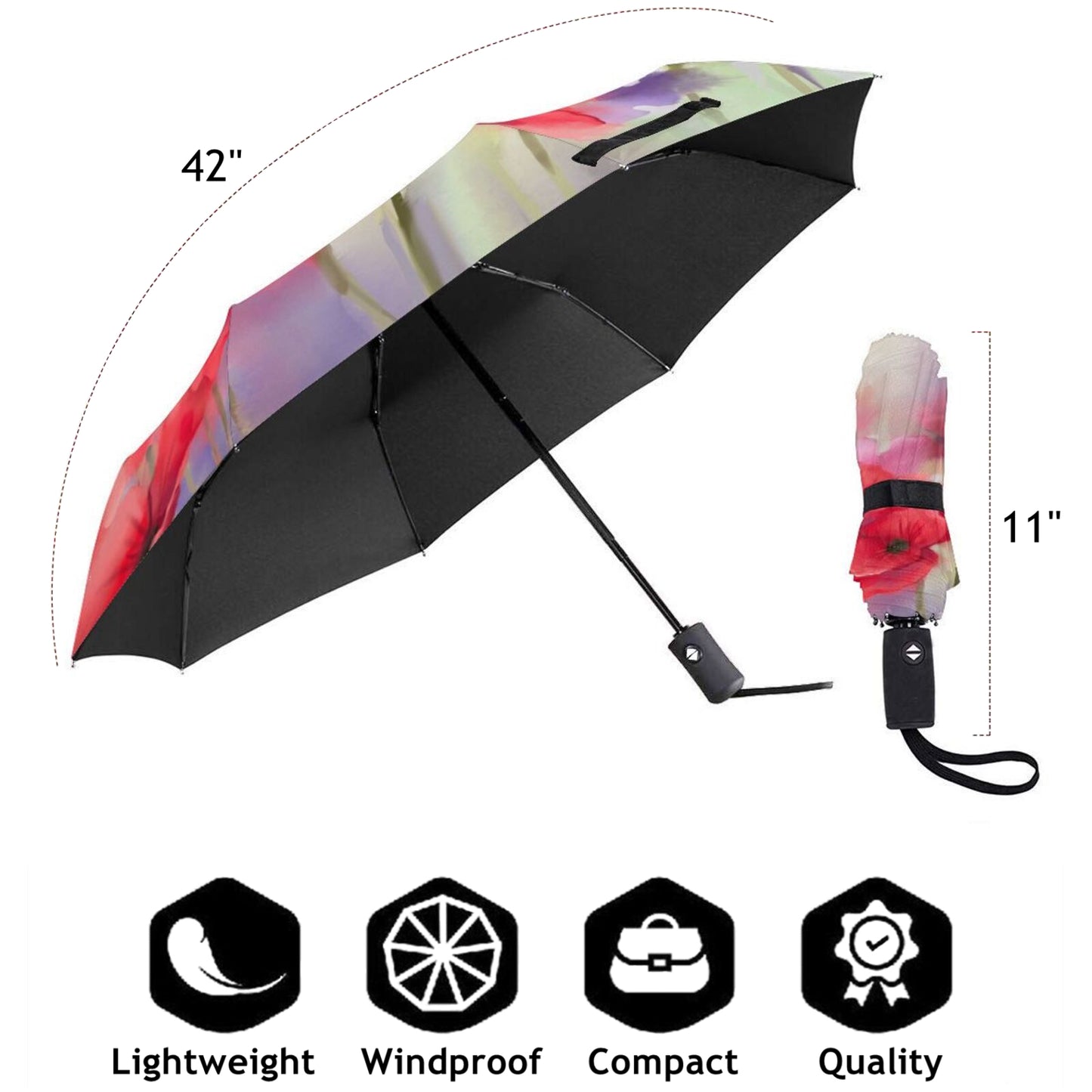 Red Flower Automatic Foldable UV Umbrella For Women