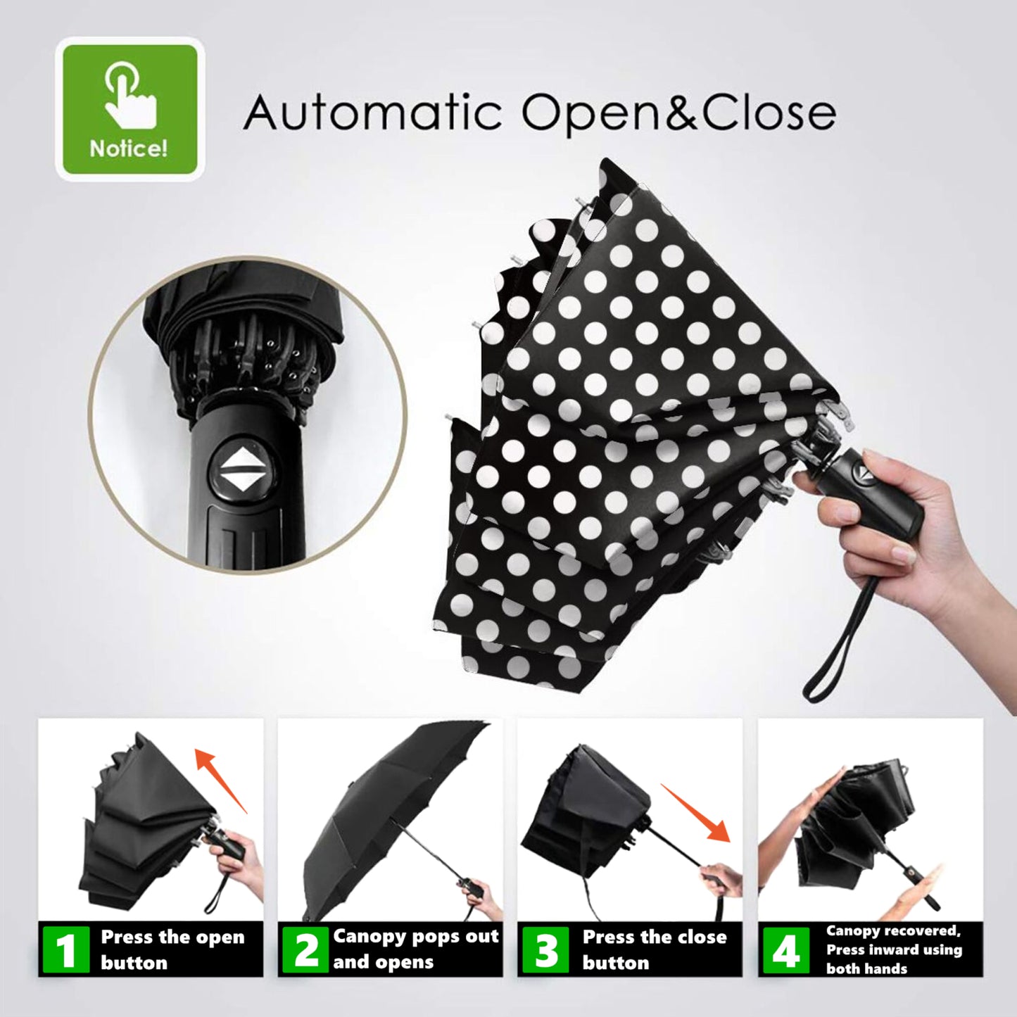 Black And White Polka Dot Automatic Foldable Umbrella With UV Blocking