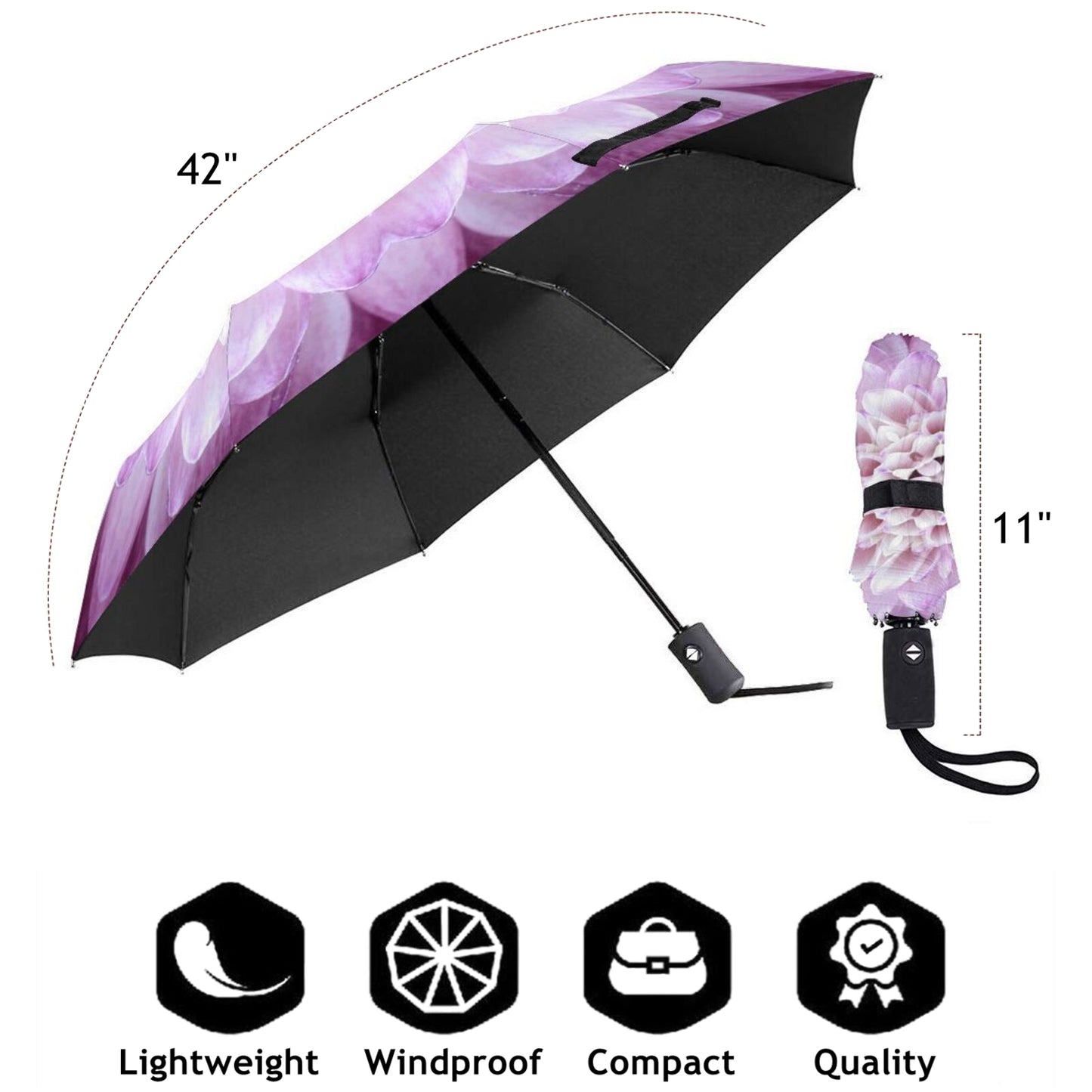 Purple Flower Compact Travel Umbrella Auto Open Auto Close
