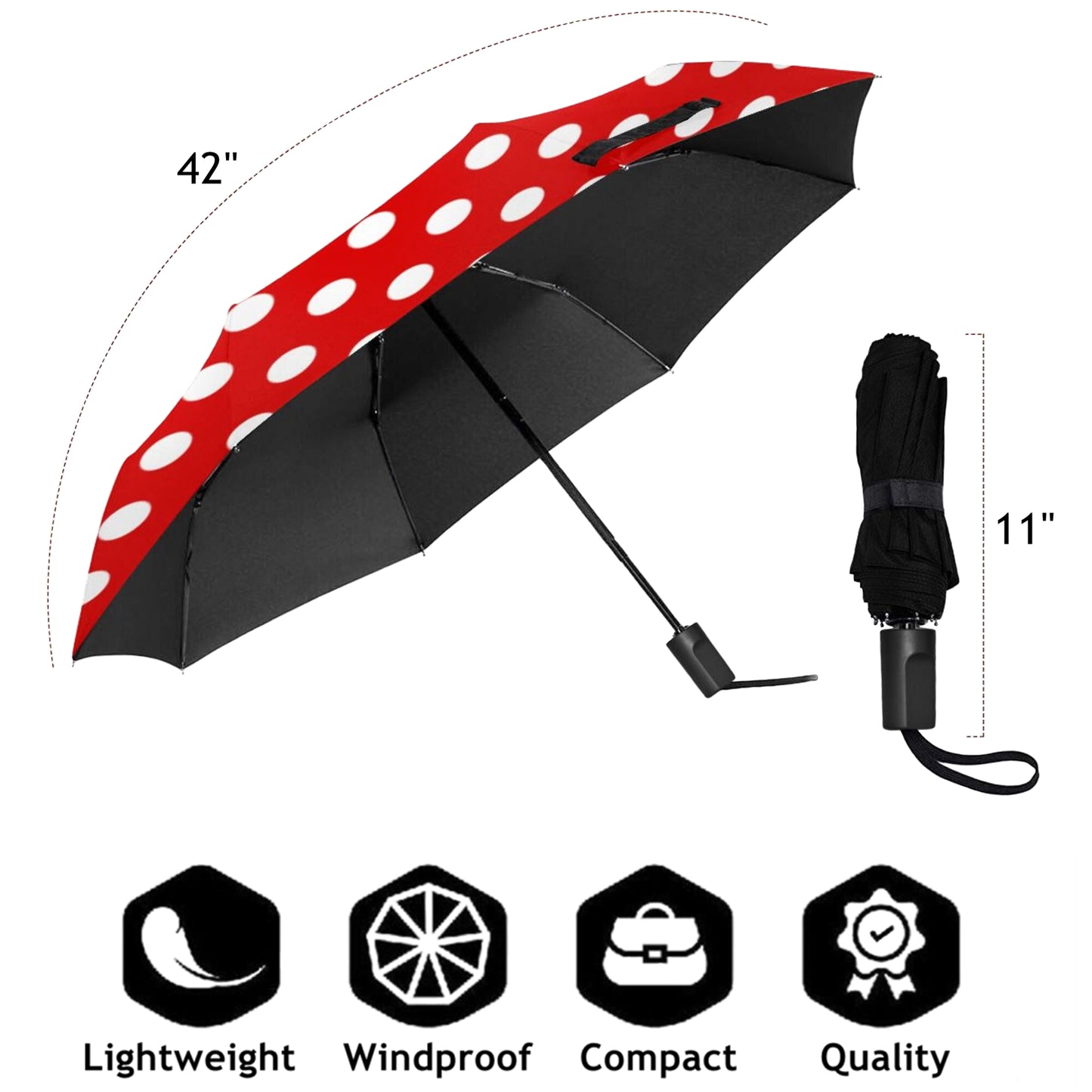 Red And White Polka Dot Manual Folding Umbrella With UPF 50+