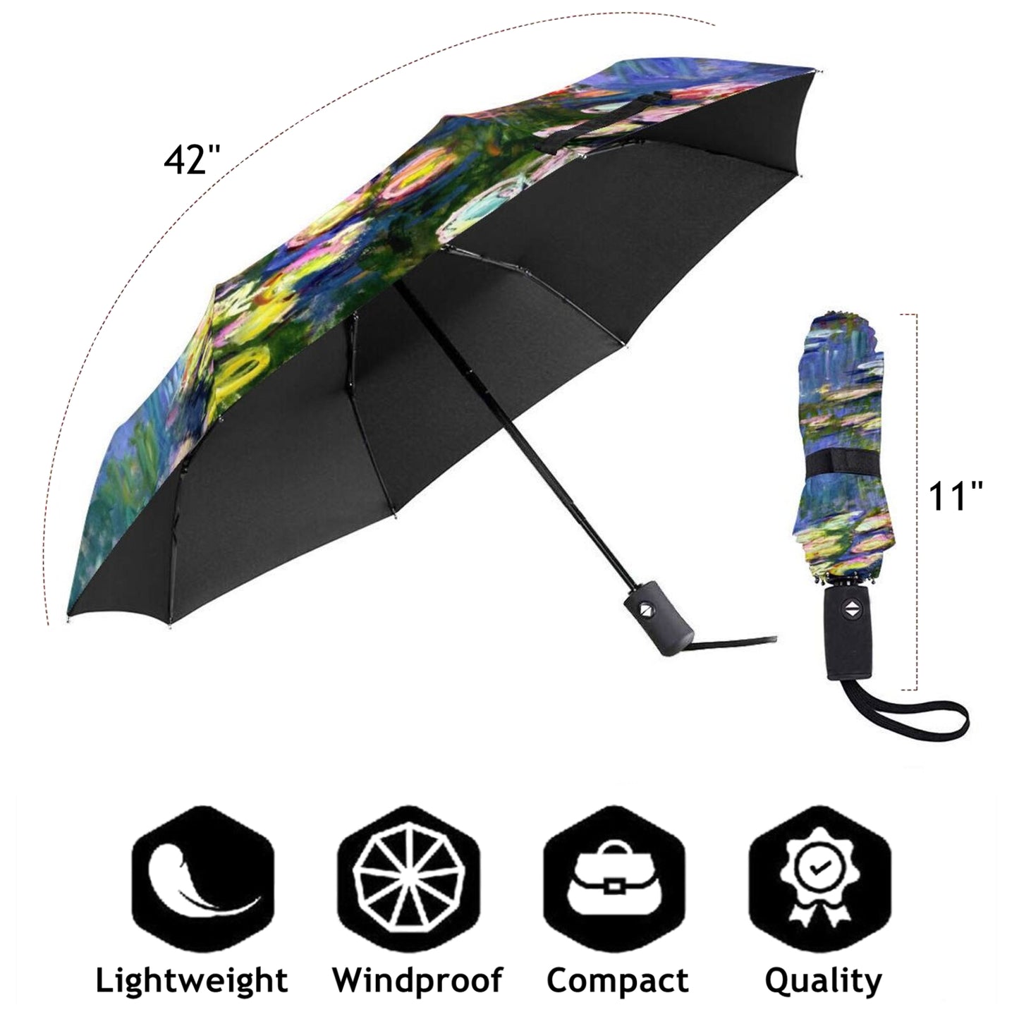 Monet Water Lilies Foldable UV Umbrella Automatic Open And Close