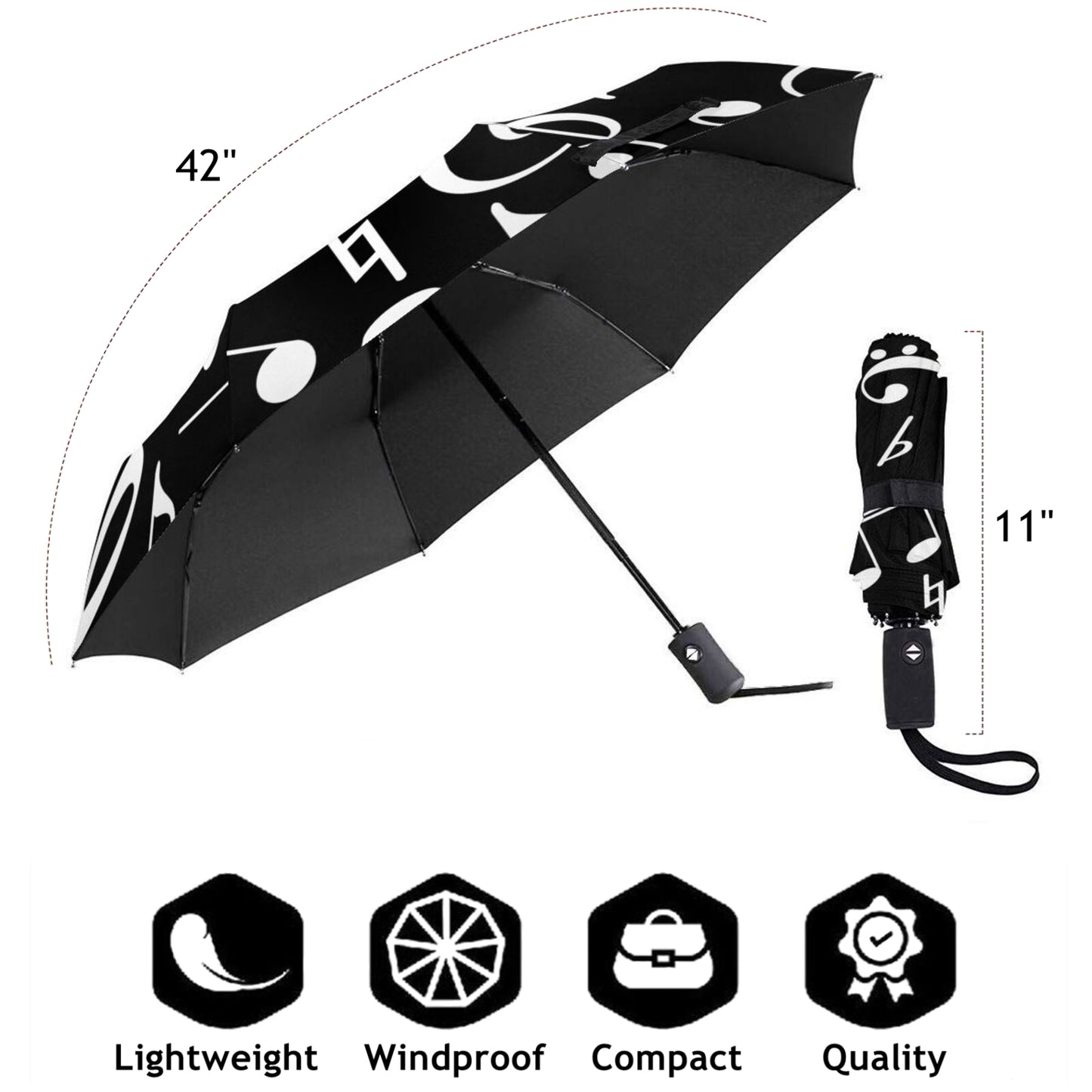 White Music Note Foldable Umbrella Auto Open And Auto Close