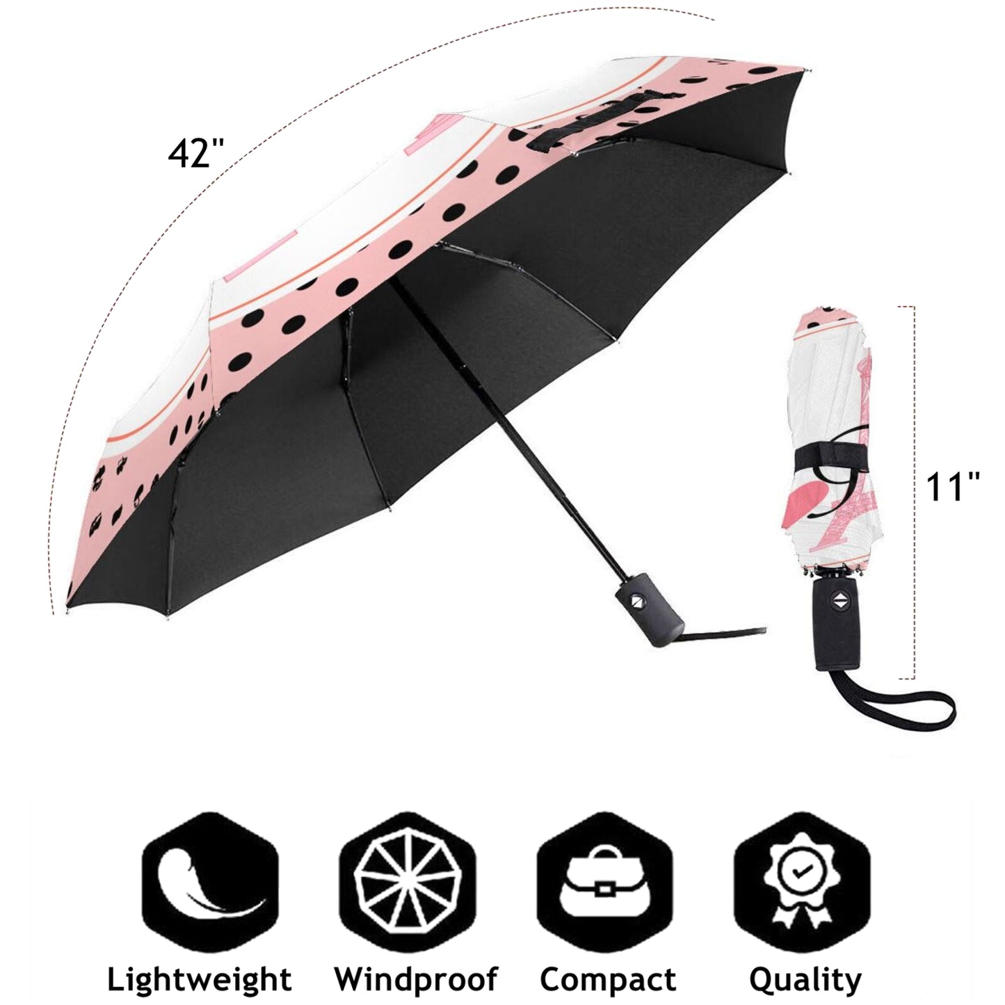 I Love Paris Automatic Compact Umbrella With UPF 50+ Sun Protection
