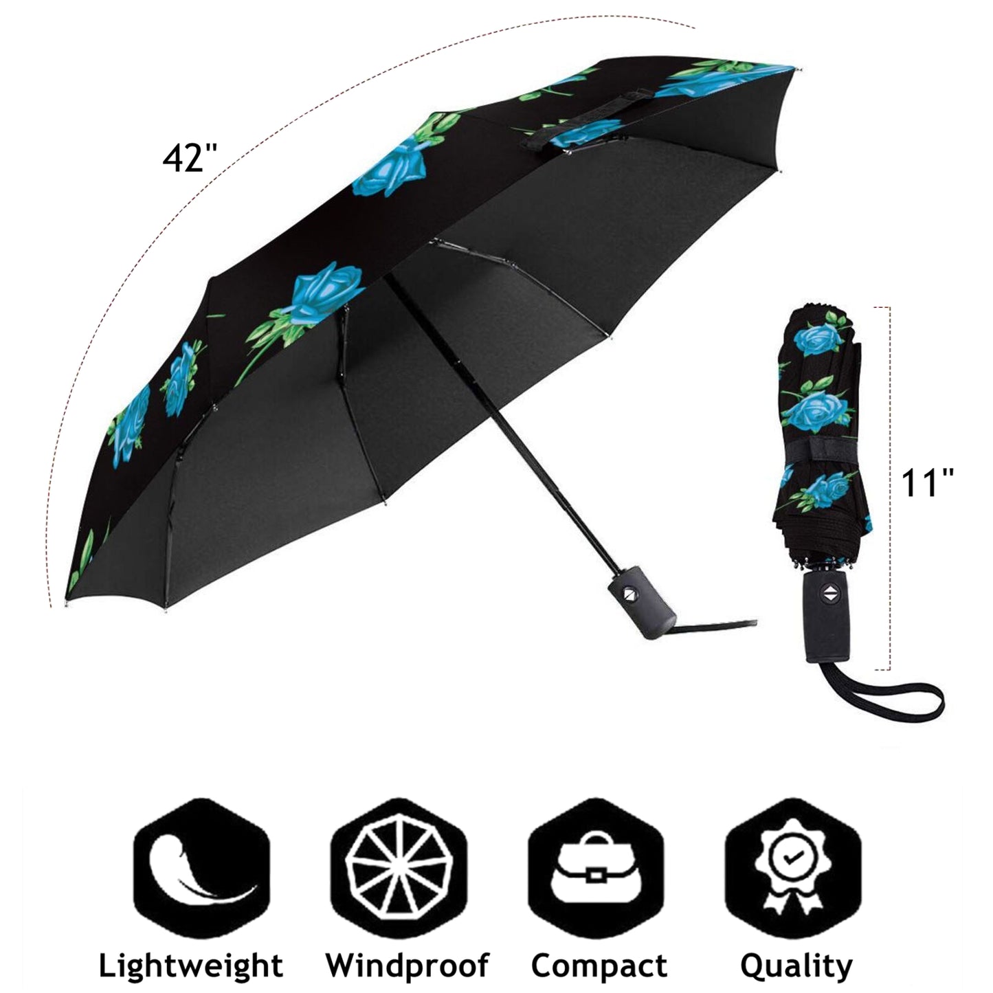 Blue Flower Foldable Compact Umbrella Automatic Open And Close