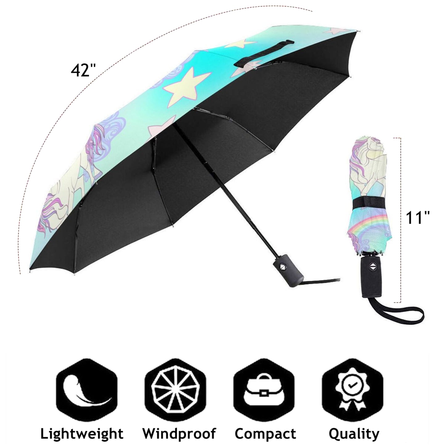 Unicorn Rainbow Folding Travel Umbrella Automatic Open And Close