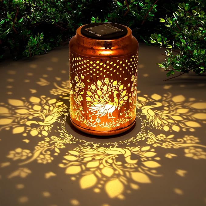 YISITEONE Solar Lanterns Outdoor Waterproof, Garden Decor Gifts, Peacock | Metal Hanging Solar Lights, IP65 Waterproof, LED Decorative Lantern for Yard, Birthday Gifts for Women Mom Grandma Sister