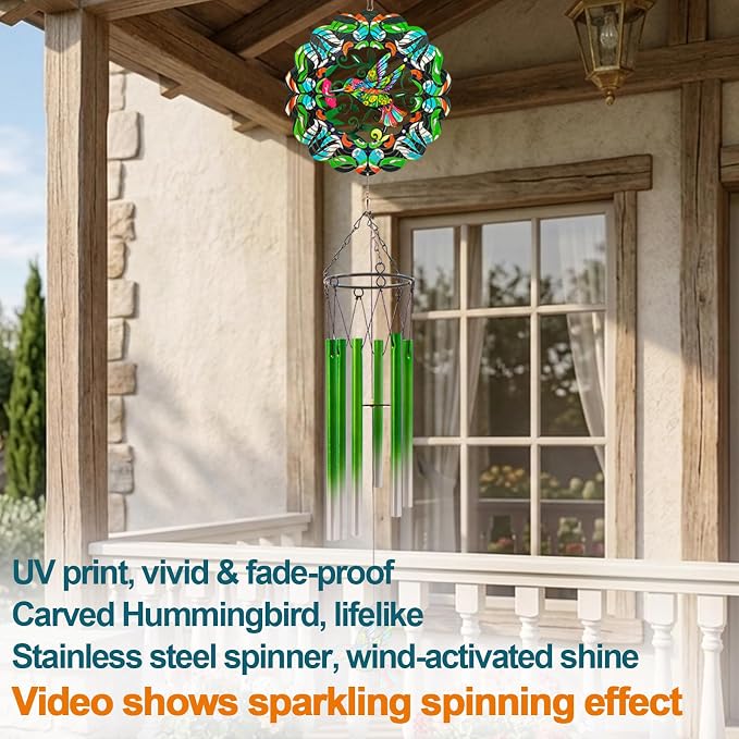Wind Chimes with Hummingbird Wind Spinner, Gifts for Men, Women, Retirement, Teacher, Parents - Outdoor Hanging Decor Clearance for Garden, Patio, Backyard Or Porch