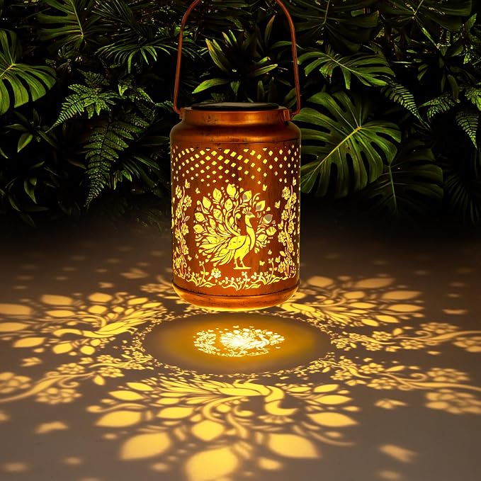 YISITEONE Solar Lanterns Outdoor Waterproof, Garden Decor Gifts, Peacock | Metal Hanging Solar Lights, IP65 Waterproof, LED Decorative Lantern for Yard, Birthday Gifts for Women Mom Grandma Sister