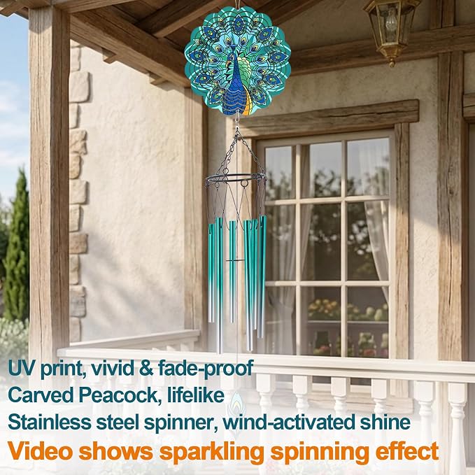 Wind Chimes with Peacock Wind Spinner, Gifts for Men, Women, Retirement, Teacher, Parents - Outdoor Hanging Decor Clearance for Garden, Patio, Backyard Or Porch