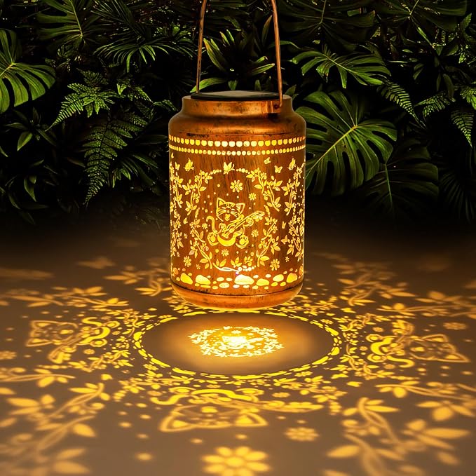YISITEONE Solar Lanterns Outdoor Waterproof, Garden Decor Gifts, Cat | Metal Hanging Solar Lights, IP65 Waterproof, LED Decorative Lantern for Yard, Birthday Gifts for Women Mom Grandma Sister