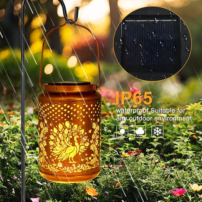 YISITEONE Solar Lanterns Outdoor Waterproof, Garden Decor Gifts, Peacock | Metal Hanging Solar Lights, IP65 Waterproof, LED Decorative Lantern for Yard, Birthday Gifts for Women Mom Grandma Sister