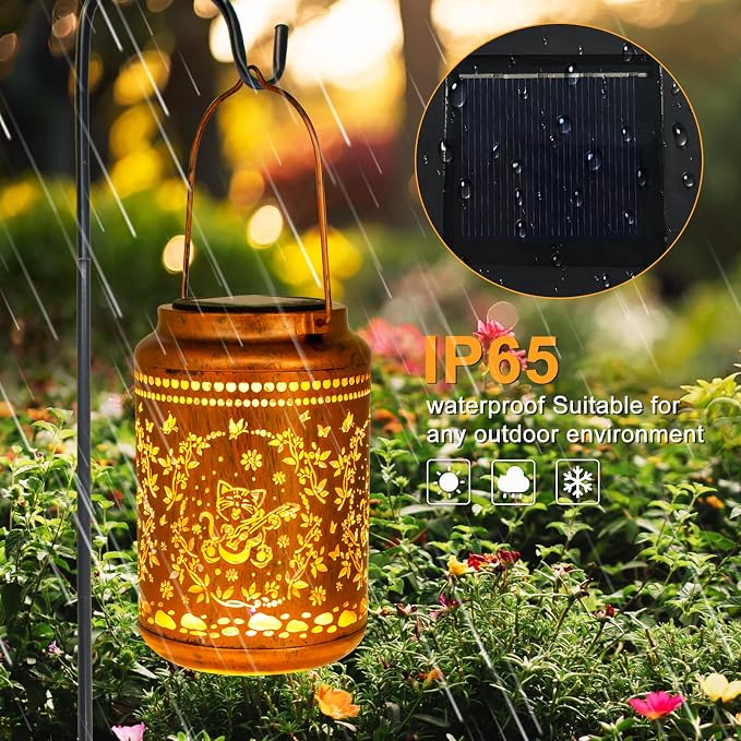 YISITEONE Solar Lanterns Outdoor Waterproof, Garden Decor Gifts, Cat | Metal Hanging Solar Lights, IP65 Waterproof, LED Decorative Lantern for Yard, Birthday Gifts for Women Mom Grandma Sister