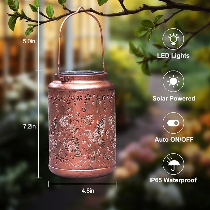YISITEONE Solar Lanterns Outdoor Waterproof, Garden Decor Gift, Hummingbird | Metal Hanging Solar Lights, IP65 Waterproof, LED Decorative Lantern for Yard, Birthday Gifts for Women Mom Grandma Sister