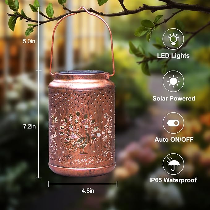 YISITEONE Solar Lanterns Outdoor Waterproof, Garden Decor Gifts, Peacock | Metal Hanging Solar Lights, IP65 Waterproof, LED Decorative Lantern for Yard, Birthday Gifts for Women Mom Grandma Sister