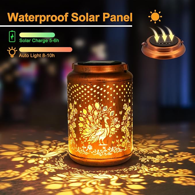 YISITEONE Solar Lanterns Outdoor Waterproof, Garden Decor Gifts, Peacock | Metal Hanging Solar Lights, IP65 Waterproof, LED Decorative Lantern for Yard, Birthday Gifts for Women Mom Grandma Sister