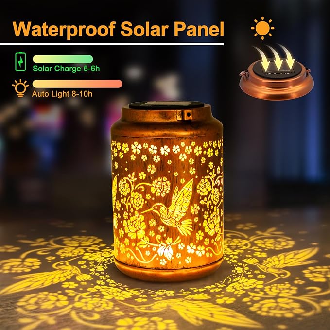 YISITEONE Solar Lanterns Outdoor Waterproof, Garden Decor Gift, Hummingbird | Metal Hanging Solar Lights, IP65 Waterproof, LED Decorative Lantern for Yard, Birthday Gifts for Women Mom Grandma Sister