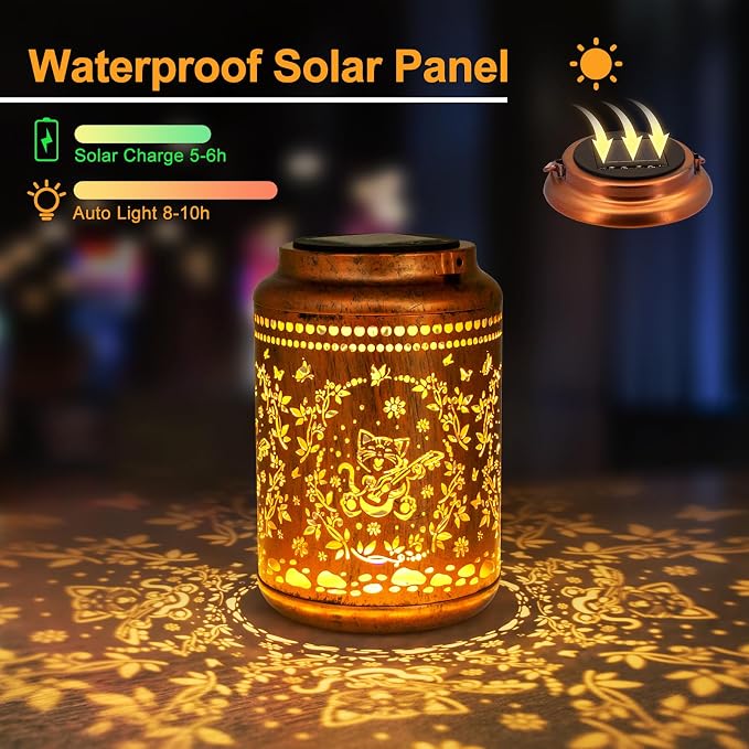 YISITEONE Solar Lanterns Outdoor Waterproof, Garden Decor Gifts, Cat | Metal Hanging Solar Lights, IP65 Waterproof, LED Decorative Lantern for Yard, Birthday Gifts for Women Mom Grandma Sister