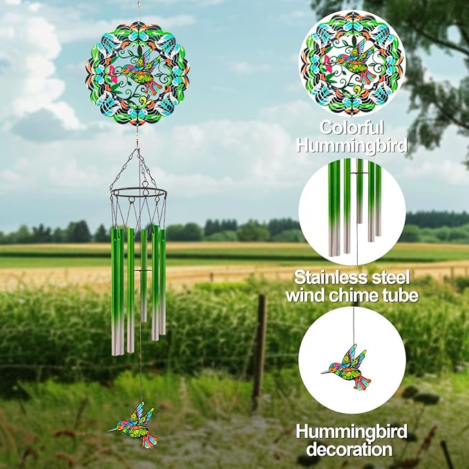 Wind Chimes with Hummingbird Wind Spinner, Gifts for Men, Women, Retirement, Teacher, Parents - Outdoor Hanging Decor Clearance for Garden, Patio, Backyard Or Porch