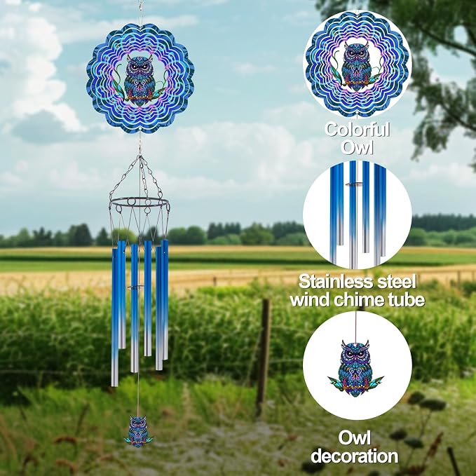 Wind Chimes with Owl Wind Spinner, Gifts for Men, Women, Retirement, Teacher, Parents - Outdoor Hanging Decor Clearance for Garden, Patio, Backyard Or Porch