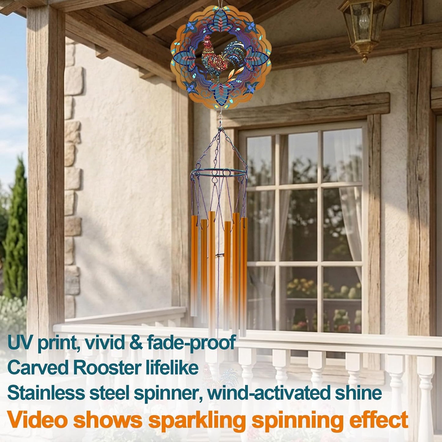 Wind Chimes with Rooster Wind Spinner, Chicken Gifts for Men, Women, Retirement, Teacher, Parents - Outdoor Hanging Decor Clearance for Garden, Patio, Backyard Or Porch