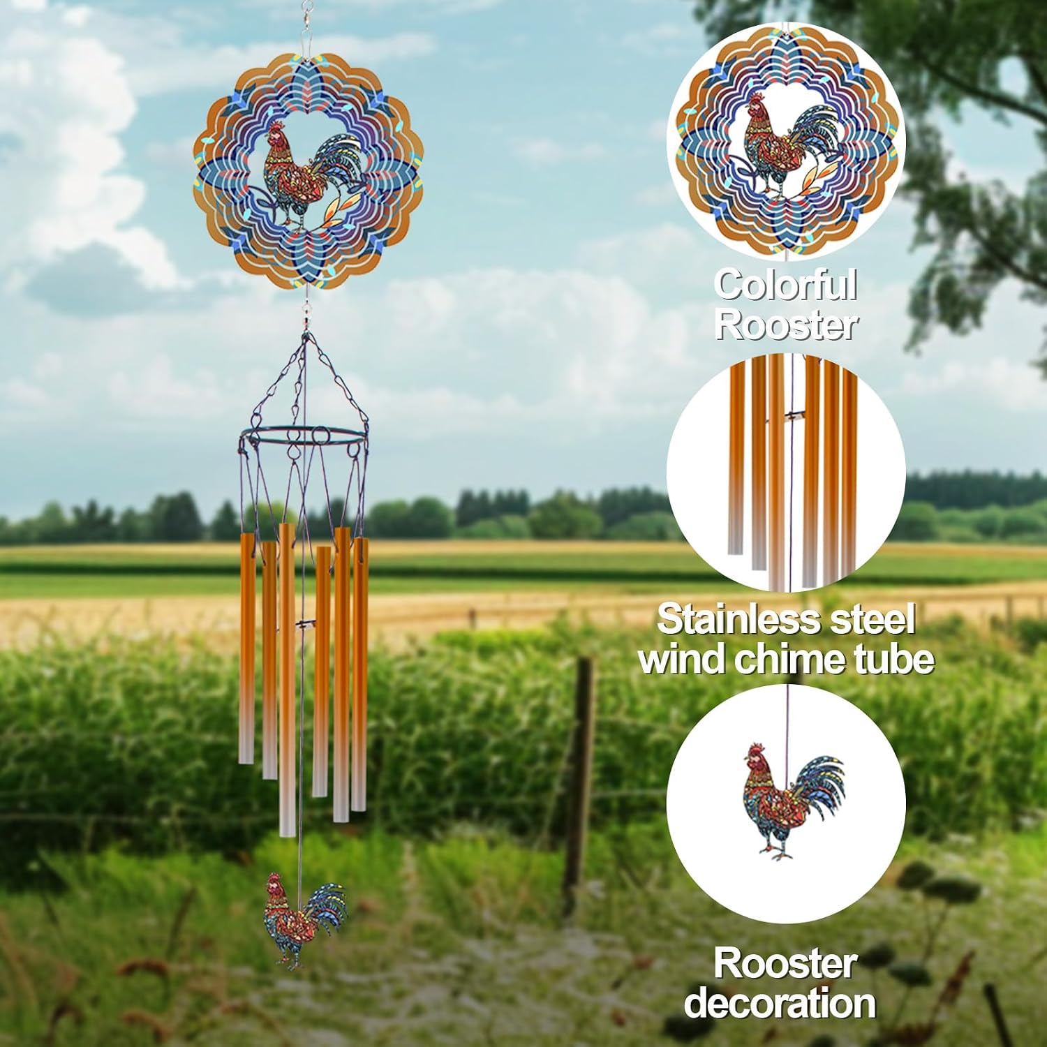 Wind Chimes with Rooster Wind Spinner, Chicken Gifts for Men, Women, Retirement, Teacher, Parents - Outdoor Hanging Decor Clearance for Garden, Patio, Backyard Or Porch