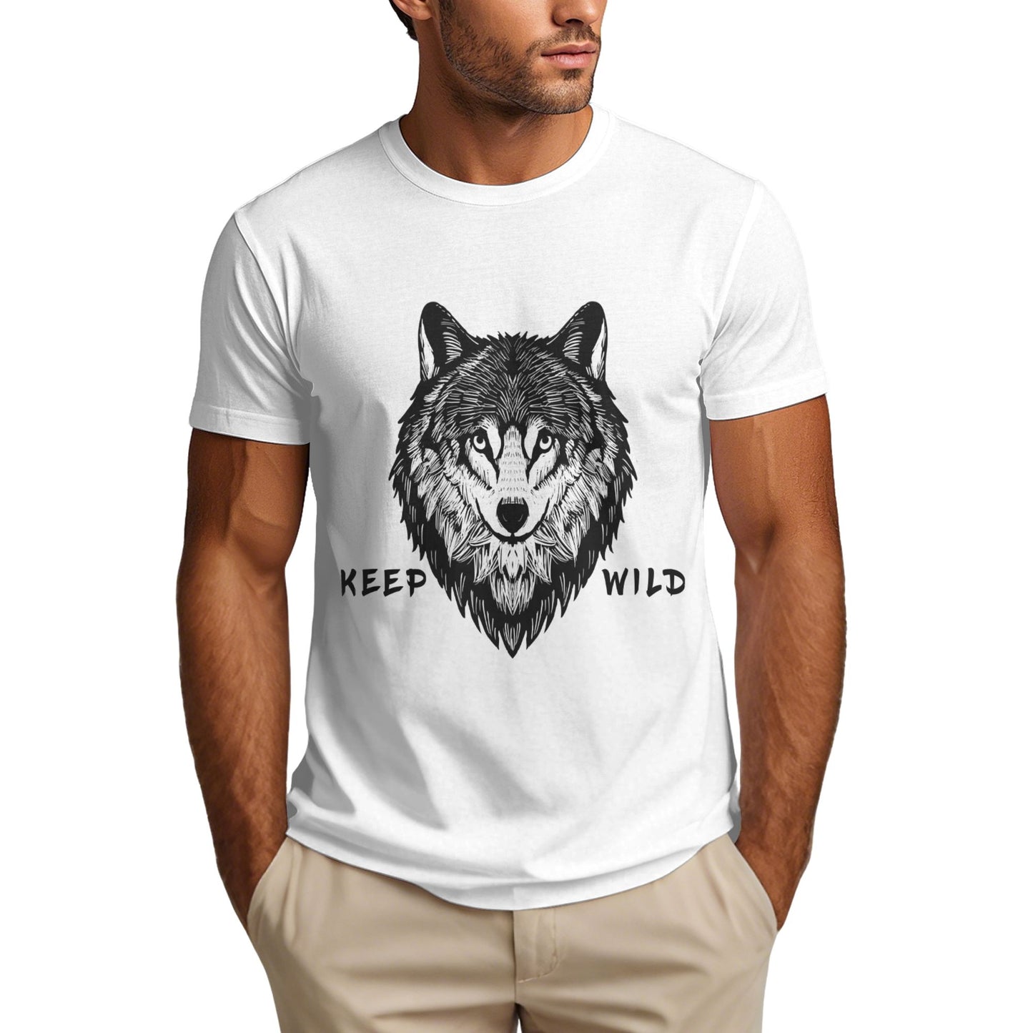 Wolf Printed Short Sleeve Cotton T-Shirt For Men