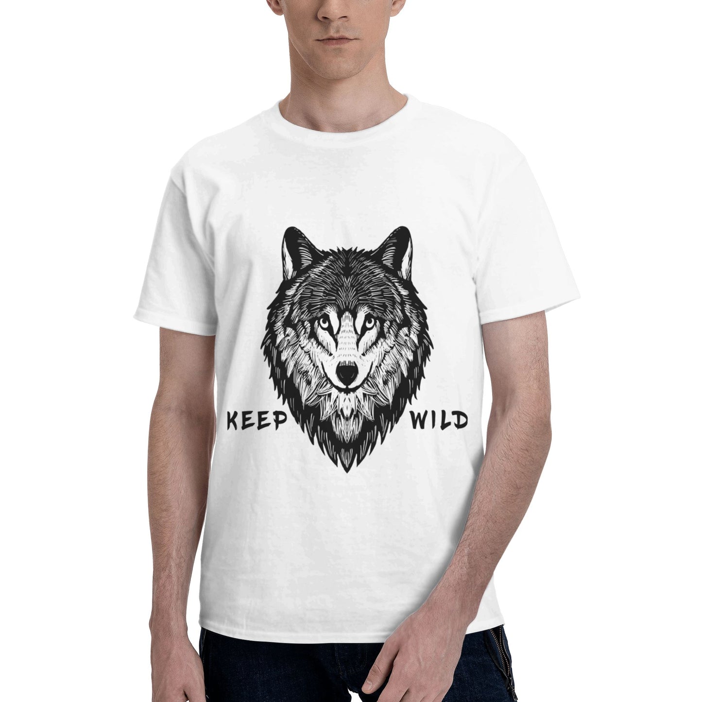 Wolf Printed Short Sleeve Cotton T-Shirt For Men