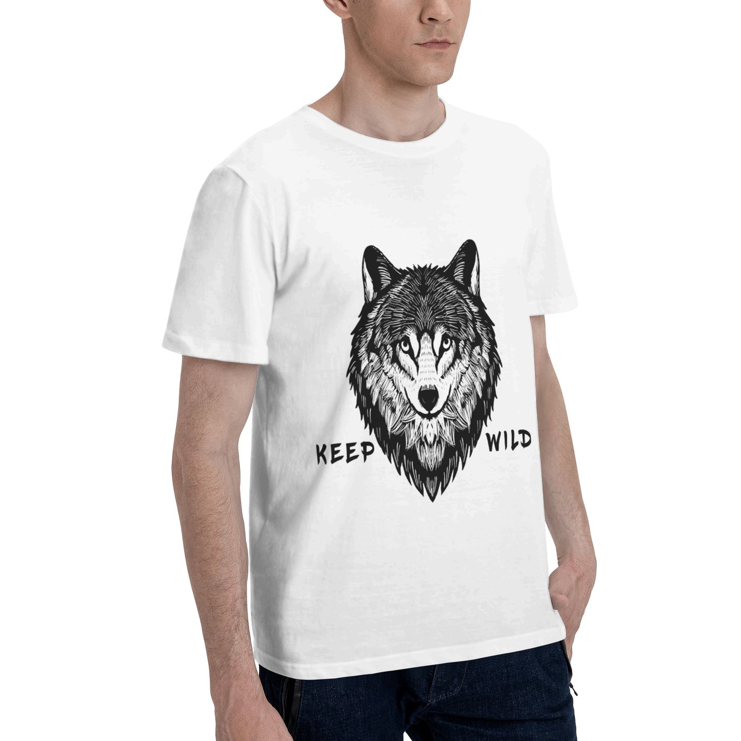 Wolf Printed Short Sleeve Cotton T-Shirt For Men