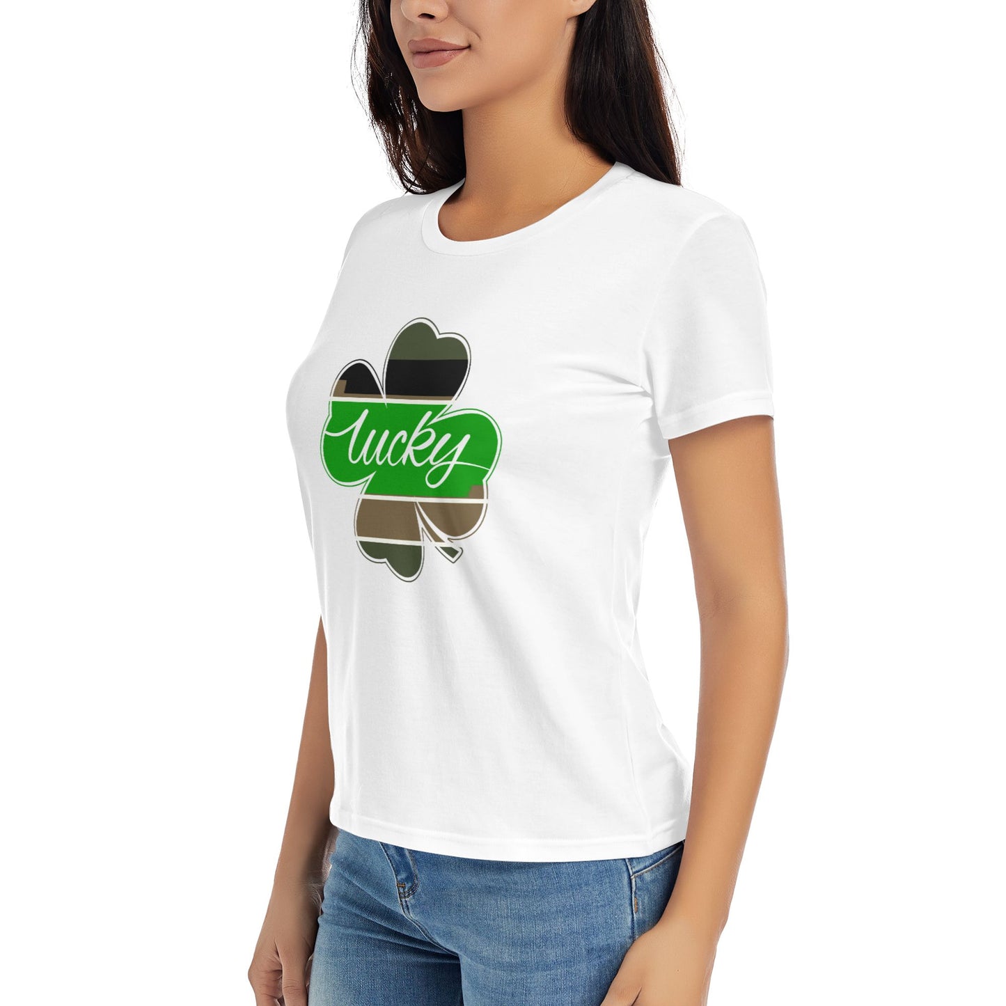 Lucky Four Leaf Clover Short Sleeve Cotton T-Shirt For Women